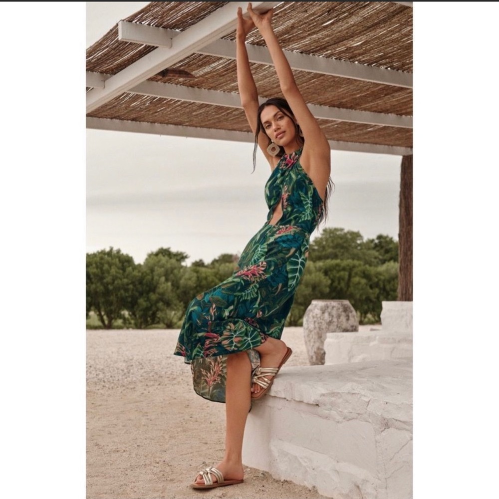 Anthropologie Farm Rio Foliage Jungle Tropics Cutout Cover-Up Midi Dress X-Large